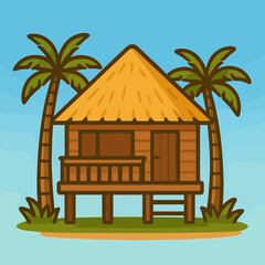 Animated tropical beach hut stands amidst palm trees against a serene sky background.