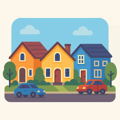 Colorful cartoon houses create a cheerful suburban neighborhood scene with cars and clear sky, ideal for fun designs.