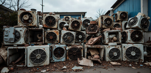old broken air conditioners in the scrapyard