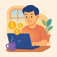 Man is working on laptop with dollar and euro signs around, illustrating online income and financial growth