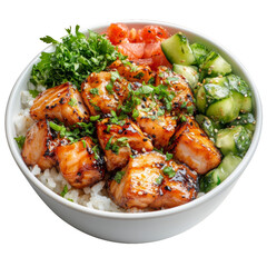 Fototapeta premium A bowl of food with rice, chicken, and vegetables