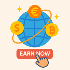 Global business concept featuring currency symbols for the dollar, euro, and bitcoin, suggesting worldwide finance.