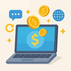 Cartoon laptop with coins and dollar symbol represents online money earning and internet finance