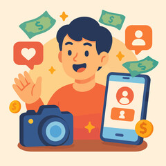Man smiling with a smartphone, camera, money, and social media icons represents success in online content creation.