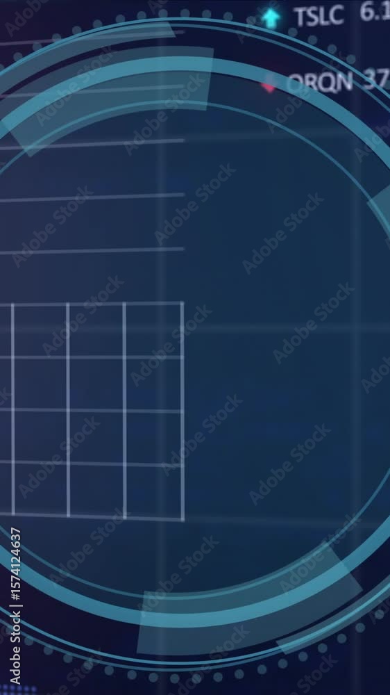 Poster animation of shield in loading circles over multiple graphs, trading boards and computer language