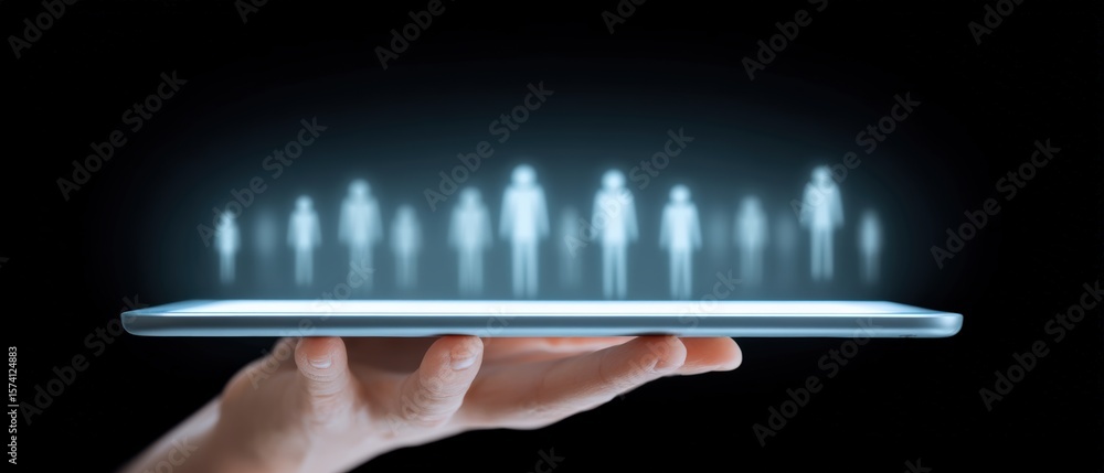Poster digital interaction event showcasing holographic figures above a handheld device in a futuristic set