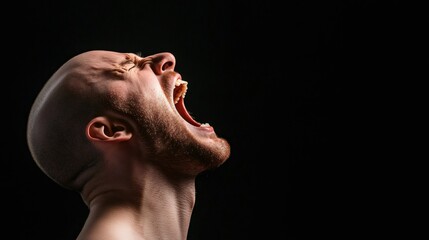Naklejka premium Young man with shaved head is screaming with closed eyes, expressing stress, anger, pain, and suffering, releasing tension with opened mouth against a black background