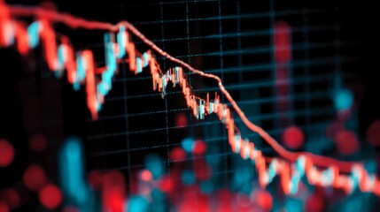 Close-up of financial chart with downward trending line symbolizing Federal Reserve rate cuts, economic recession concept, stock market volatility and investment risk analysis.