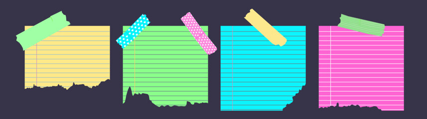 Set of vibrant paper with tape. Colorful blank lined sheets. Stripes with abstract pattern.