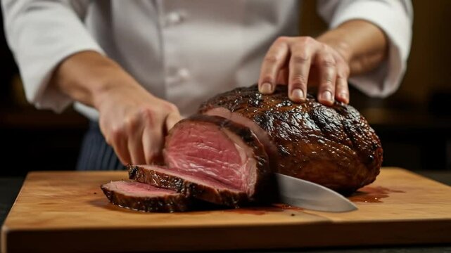 A prime rib is being slowly sliced by a man as the camera circles to reveal its richly cooked and succulent texture.