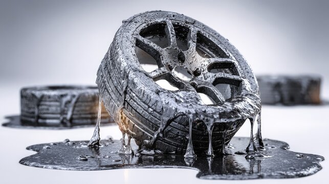 Melting tire sculpture urban setting creative art installation contemporary style close-up view industrial concept