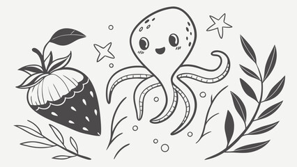A playful cartoon octopus with a happy expression surrounded by a strawberry, stars, and leaves.
