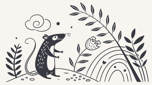 A whimsical illustration of an adorable rat standing in a lush landscape, surrounded by leaves and a colorful rainbow.