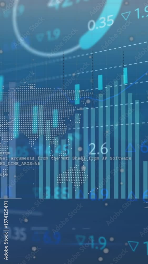 Poster animation of statistical and stock market data processing over world map and spinning globe