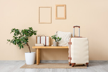 Bench, houseplants and packed suitcase near beige wall in interior of room