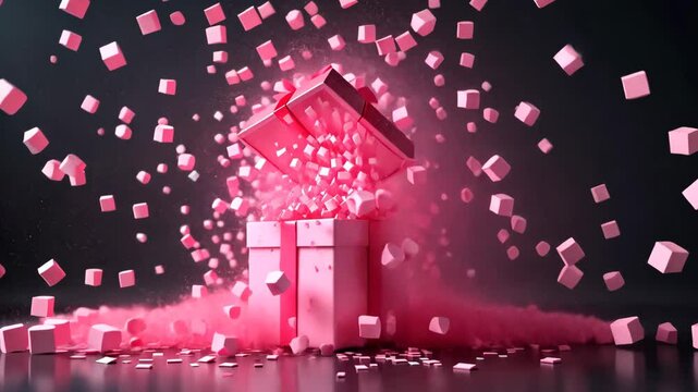 3d rendering of pink gift box exploding with small cubes on black background with glow. Concept for celebration and surprises