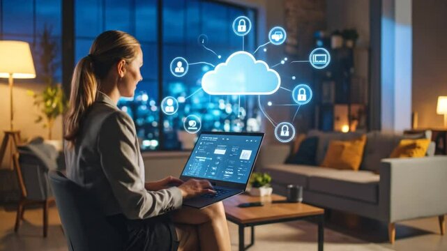 Woman Working with Cloud Technology on Laptop in Modern Living Room Environment - Powered by Adobe