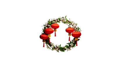 Hanging red and gold Chinese lanterns and festive decorations for seasonal celebration on white background