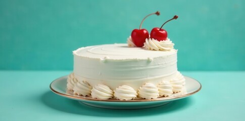 Delicate Lambeth cake, white frosting, cherries, turquoise backdrop, cherries, Lambeth cake