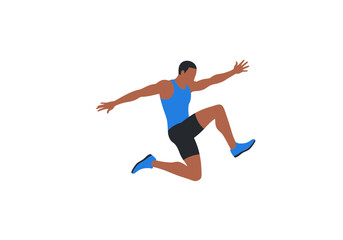 Athlete in MidAir Leap Blue Tank Top Black Shorts and Matching Shoes.