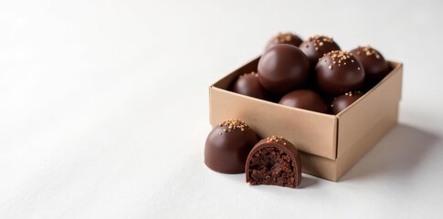 Elegant dark truffles arranged in a gift box, pristine white background, culinary, candy, luxury food