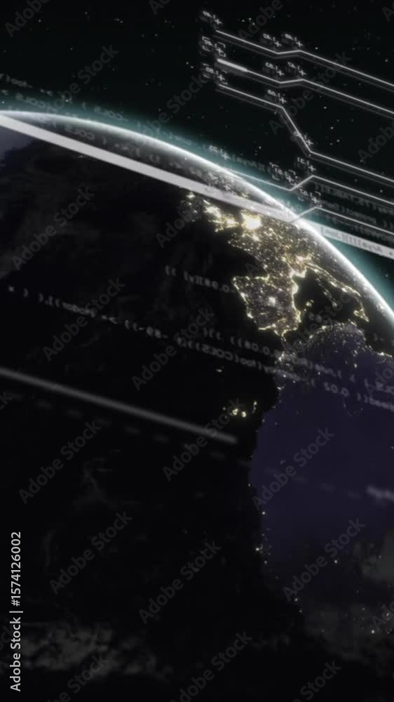 Poster animation of computer language with circuit board pattern and numbers over circles on globe