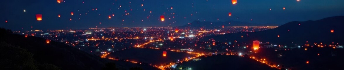 Glowing paper lanterns illuminate the night sky over Chiang Mai , asia, aerial, tourism