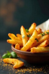 Golden wedges & fries, crispy, seasoned, spice-dusted , golden brown, studio shot