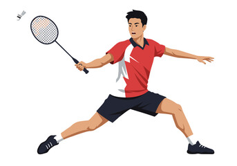 Badminton Player in Action Red and White Jersey Black Shorts and Shoes.