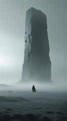 Mysterious Cloaked Figure Before a Giant Monolith in a Foggy Landscape