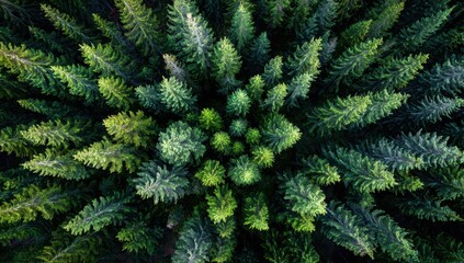Green forest canopy top view. Evergreen trees. Aerial shot for nature backgrounds