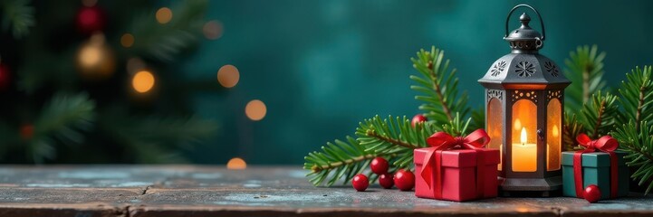 Ornate lantern, colorful gift boxes, evergreen boughs, berries, holiday, blue