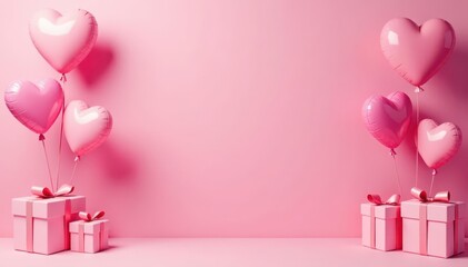 Pastel pink backdrop, floating heart balloons, presents, copy space, presents, invitation
