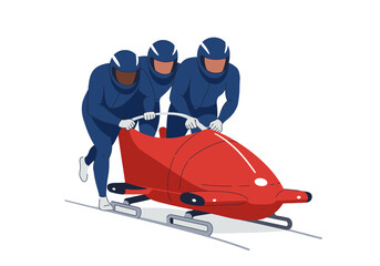 Bobsleigh Team Pushing Red Sled in Blue Suits and Helmets Winter Sport Illustration.