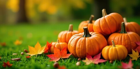 Pile of pumpkins and colorful fall leaves on a green grass backdrop , seasonal decor, autumn leaves