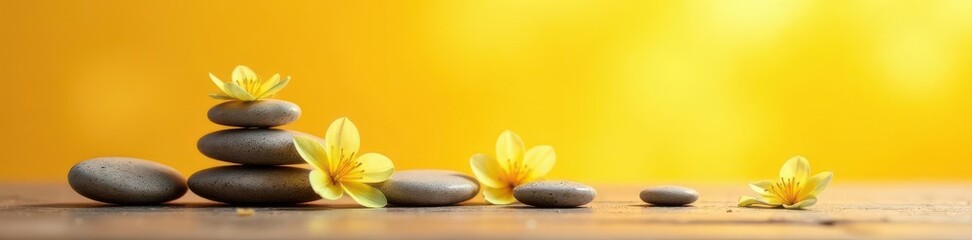 Polished stones, delicate flowers, sunny yellow background, yellow, vibrant, beauty