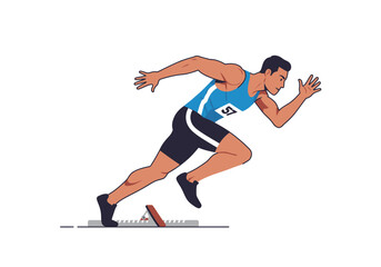 Cartoon Athlete Sprinting from Starting Block with Blue Jersey and Black Shorts.
