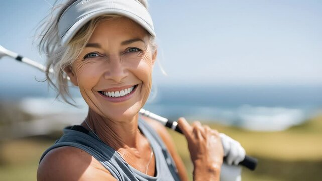 A smiling older woman wearing a visor and athletic tank top poses with a golf club on her shoulder, enjoying a sunny day on the golf course near the coast.