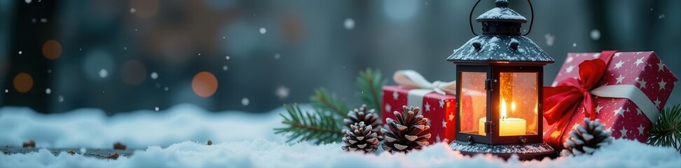 Rustic lantern, wrapped gifts, pine cones, snowy background, lantern, december, warm