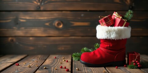 Rustic wooden background, advent calendar, Santa's boot overflowing with gifts , stocking, christmas tree, decoration