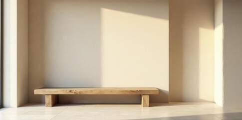Rustic wooden bench against a light beige stucco wall Modern Japandi hall , interior design, wooden bench, wood