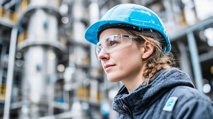 Confident Female Engineer Wearing Yellow Hard Hat and Safety Glasses Inside Industrial Manufacturing Facility

