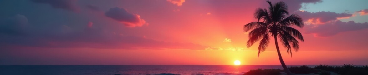 Single palm tree at dusk, sun dipping below horizon, scenery, landscape