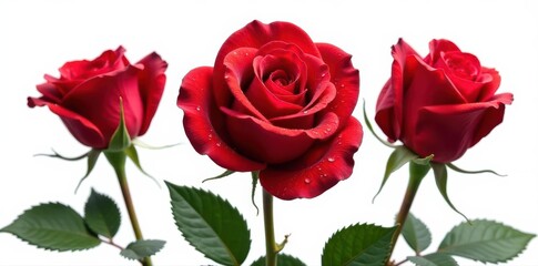Three lush red roses, glistening with water droplets, isolated on pure white background , shiny, red roses, object