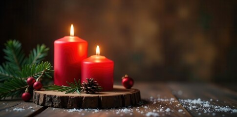 Two burning candles, Christmas decor on wood Second Advent theme , winter, festive