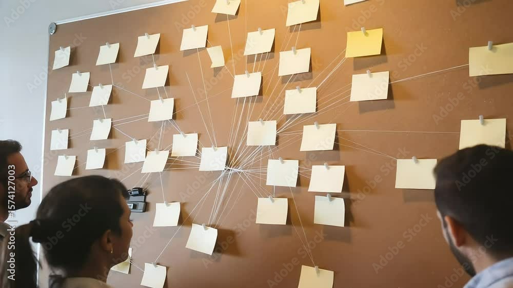 Poster business professionals collaborating on a cork board with sticky notes and string connections, visua