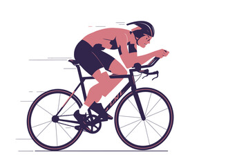 Cyclist in aerodynamic position on a racing bicycle wearing helmet and sportswear.