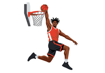 Dynamic Basketball Player Slam Dunking with Red Jersey and Black Shorts Illustration. © Donjuan Studio