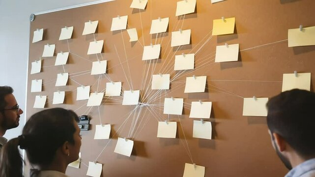 Business Professionals Collaborating on a Cork Board with Sticky Notes and String Connections, Visualizing Ideas and Project Management