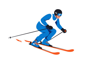 Dynamic Skier in Blue Suit with Orange Skis and Black Helmet.
